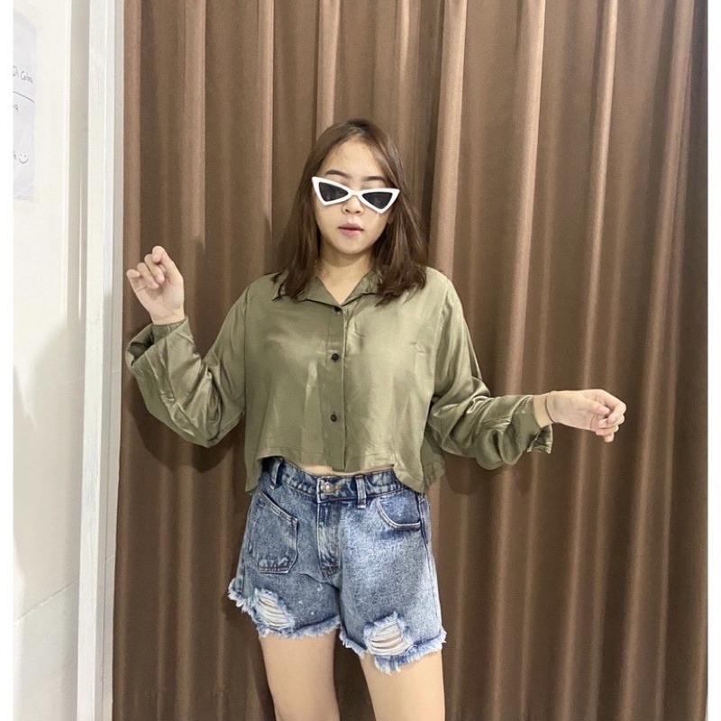 BEFAST - ZEC OOTD Wanita Kemeja SAKURA / Hanin Crincle Crop / Kemeja Wanita Crop Kekinian 2021 / Kemeja Casual / Kemeja Polos Formal / Kemeja OOTD Wanita Trend 2021