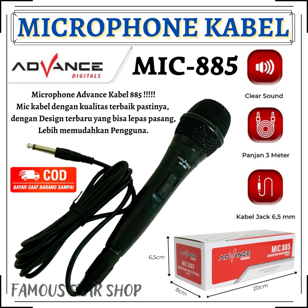 Advance Mic Karaoke Profesional Dynamic Microphone Mic Kabel MIC885 - Microphone Advance 885 / Mic Karaoke Universal Mikrofon Original - ADVANCE MIC885~FMS