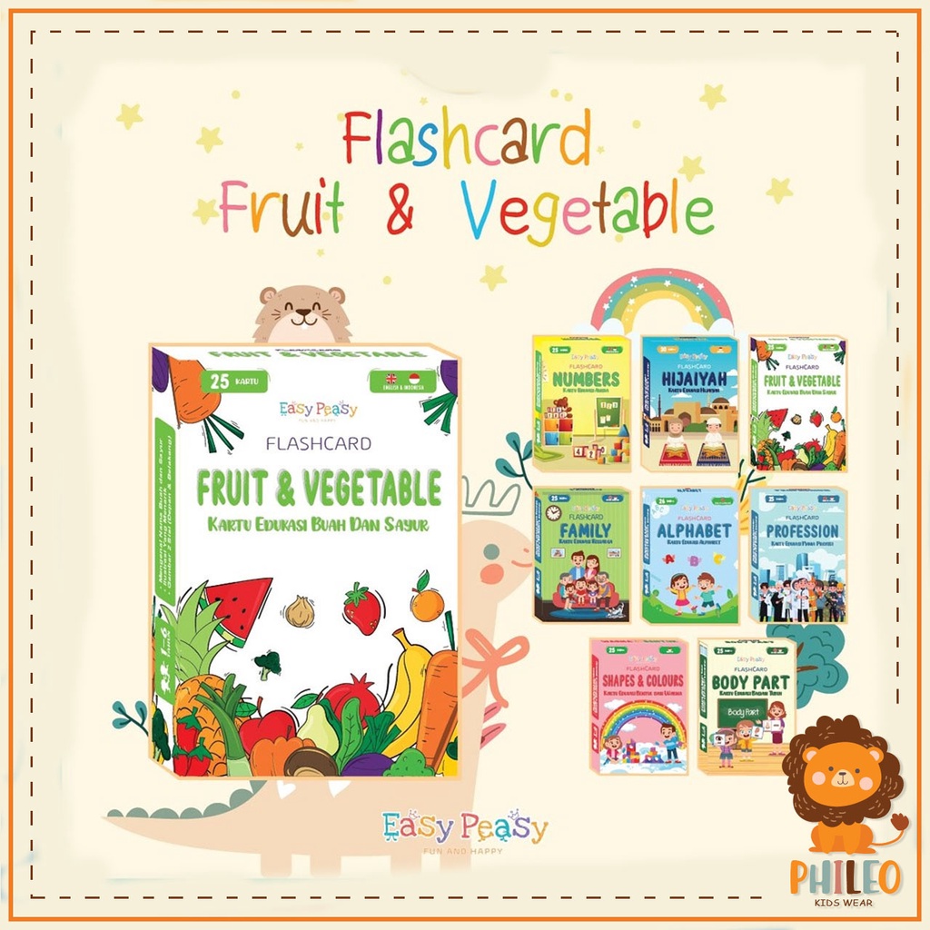 PHILEO | FRUIT AND VEGETABLE FLASHCARD - MAINAN KARTU EDUKASI ANAK - KARTU BELAJAR BAHASA INGGRIS DA
