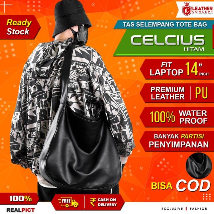 Tas Selempang Kulit Pria Tas Kulit Pria Tote Bag Kulit CELCIUS Hitam PRAKTIS