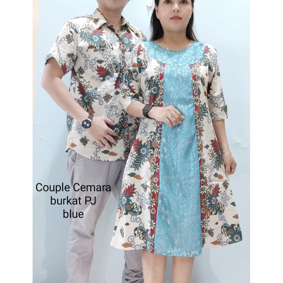 pakaian couple pria dan wanita kemeja dan dress batik cemara kombinasi brukat PJ.katun stretd premiu