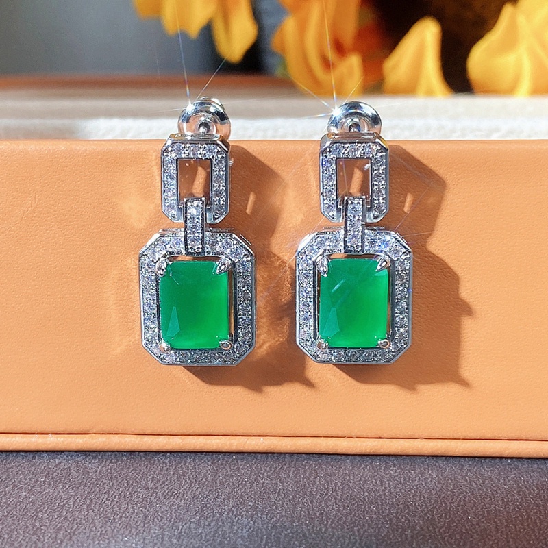 Anting Juntai Cubic Zirconia Bentuk Persegi Warna Hijau Untuk Wanita