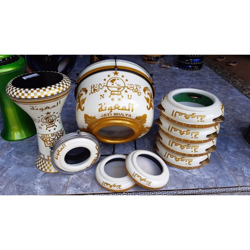 1 set HADROH ukir logo NU putih gold / alat rebana / alat banjari / alat kosidah / alat marawis / as