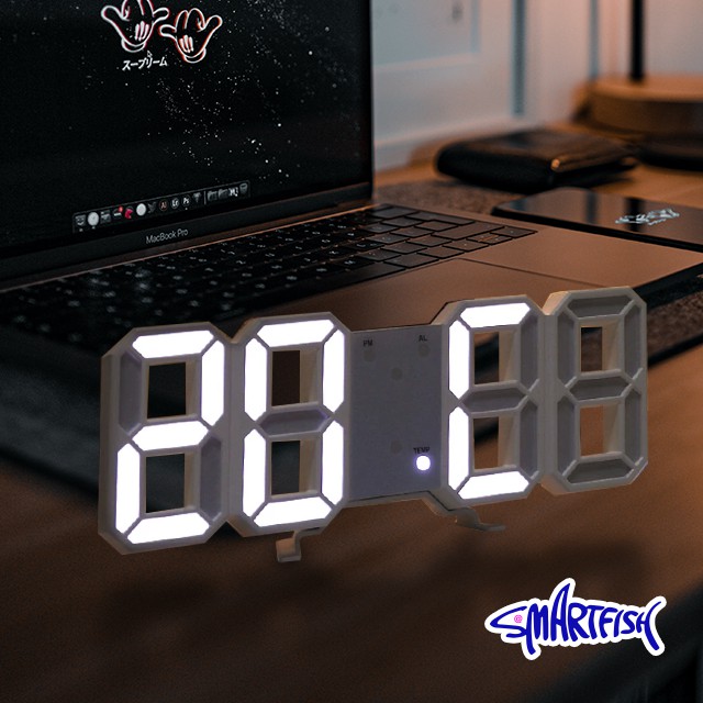 Smartfish Jam 3D Wall Table Clock LED Light bisa di dinding bisa di meja