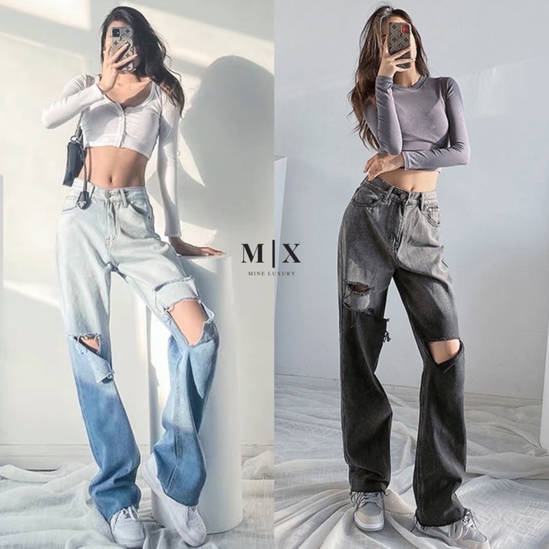 JEANS RIPPED IMPORT HIGHWAIST CELANA PANTS DENIM BAGGY CULLOTE HW LOOSE UNFINISH MX802