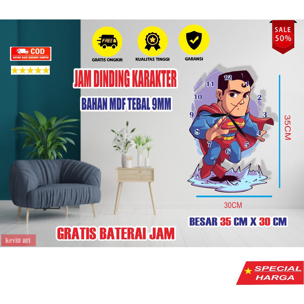 JAM DINDING KAYU UNIK KARAKTER SUPERMAN TERBARU PALING LARIS BESAR KARAKTER TEMPEL TEMBOK 3D DEKORASI DINGDING KEREN KOLEKSI HADIAH KADO ULANG TAHUN