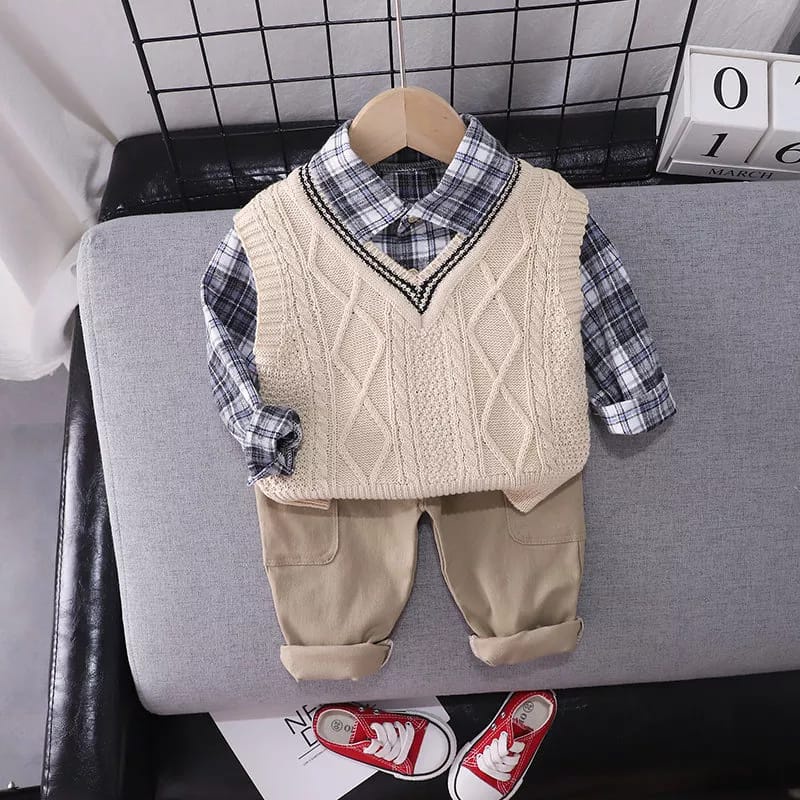 [COD]  setelan rajun anak keren import model vest kekinian setelan motif rajut vest cream usia 0-4 tahun/ brownieground