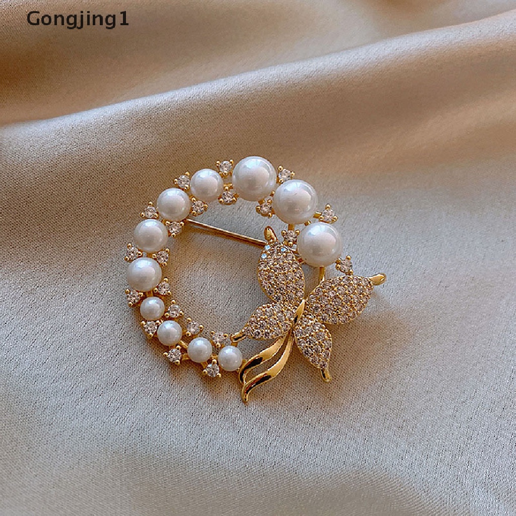 Gongjing1 Bros / Pin Bentuk Kupu-Kupu Aksen Mutiara + Berlian Imitasi Untuk Aksesoris Wanita