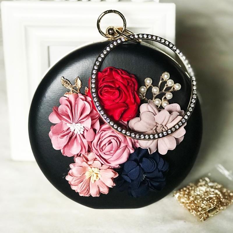 JT0064-black Tas Pesta Bulat Bunga Import Cantik
