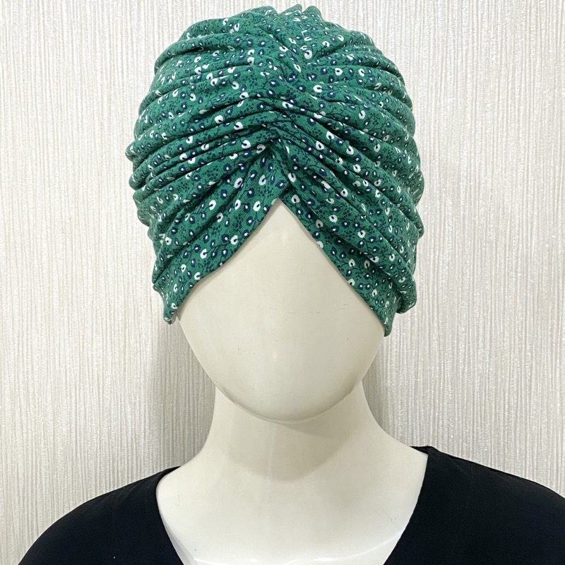 Turban Hijab Instan Instant Fashion Wanita QQinian Warna Hijau Motif Daun Bunga Grosir