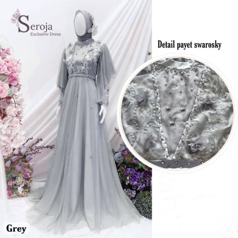 NEW DRESS SEROJA ORIGINAL BATIK MUFA OFFICIAL | DRESS BROKAT Lebaran Baju gamis terbaru-Dress Grey