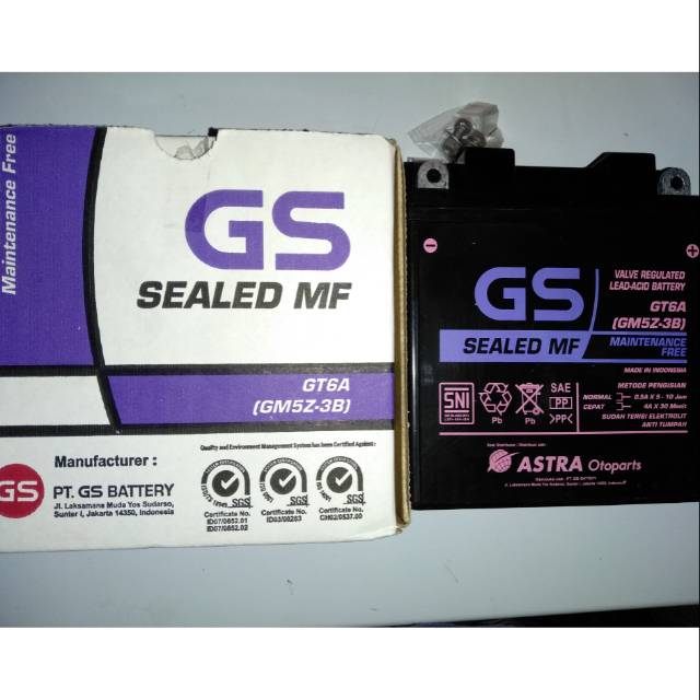 Aki /accu kering  merk gs astra type gt6a/gm5z.3b.mf.untuk motor mio carbu.grand.supra.jup.z.mx dll