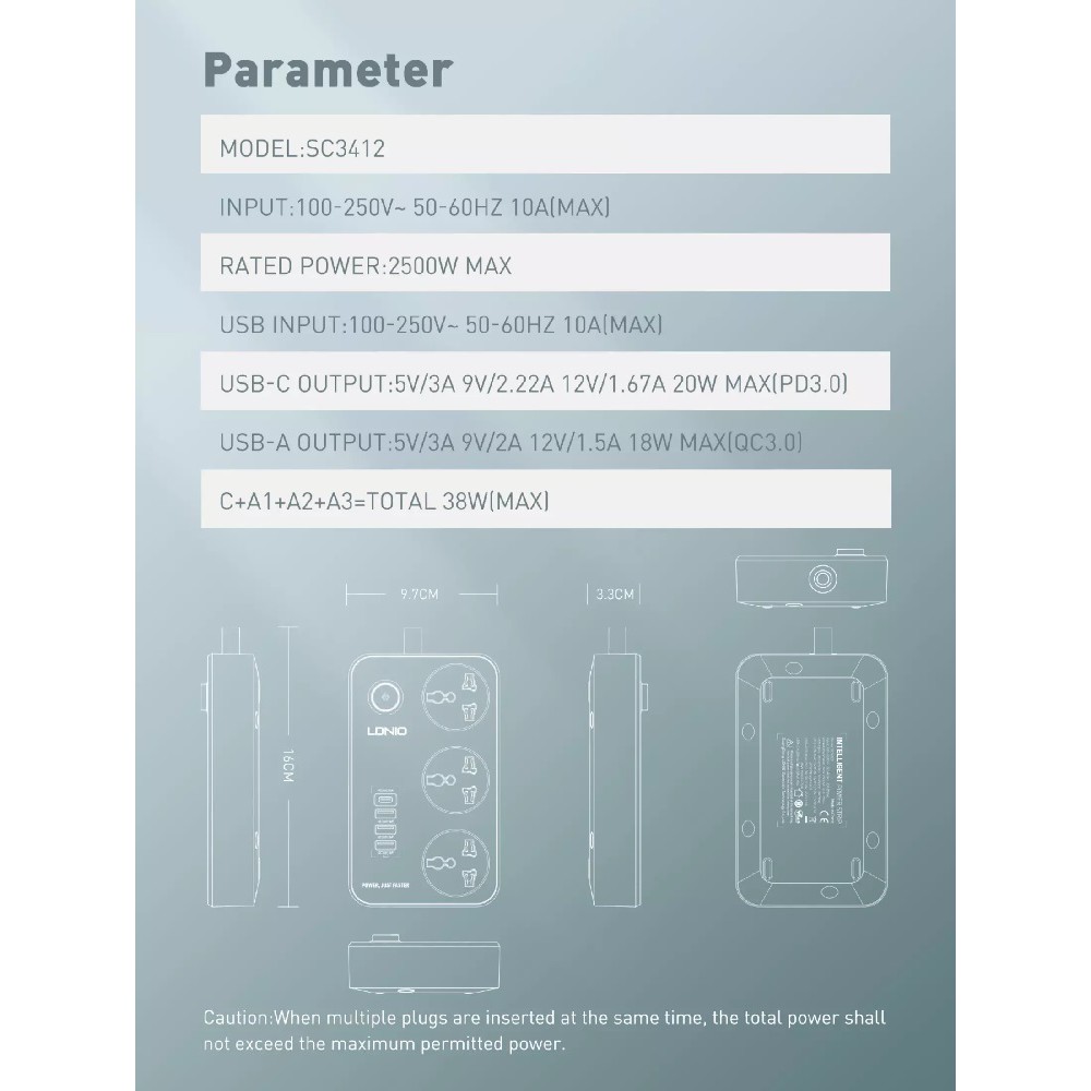 LDNIO SC3412 - 3 Electrical Socket with 3 USB QC 3.0and 1 USB-C PD 20W