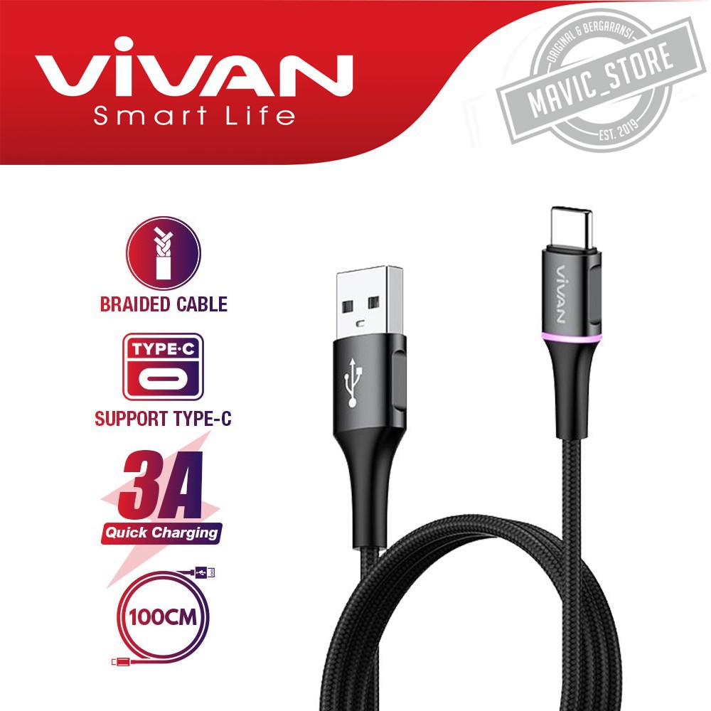 Kabel Vivan LED Light Quick Charge 1M For Iphone Type-C Micro 3A - Garansi Resmi 1 Tahun