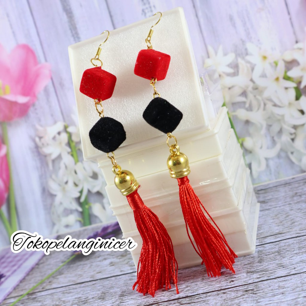 Anting Hijab anting korea Fashion wanita Sepasang Model Dadu Juntai Tassel by Tokopelanginicer