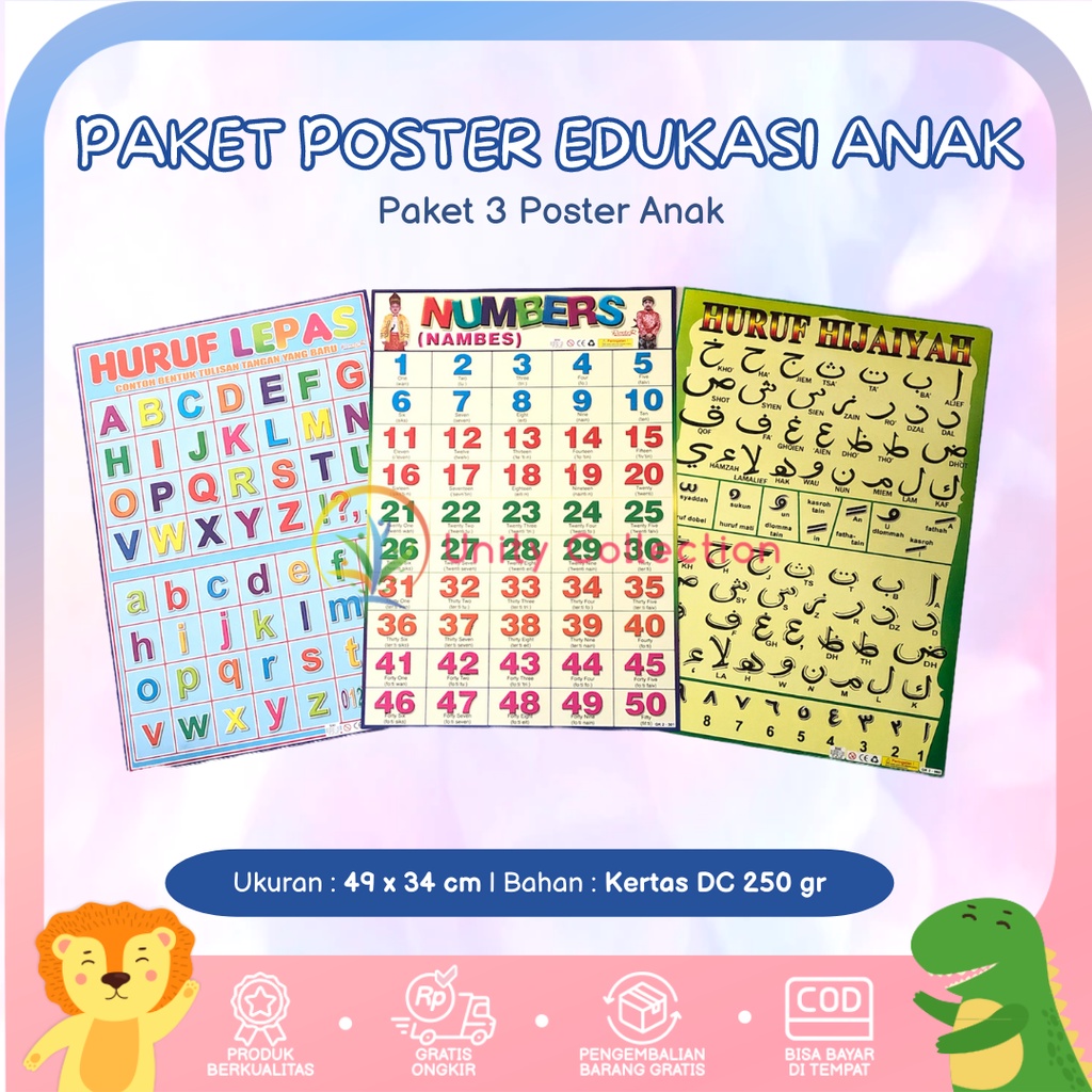 Jual Paket 3 Poster Tempel Dinding Edukasi Anak Belajar Abjad, Hijaiyah ...