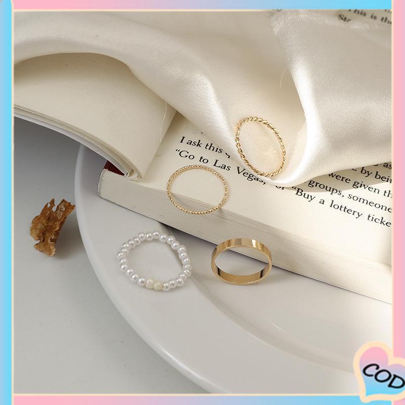 COD❤️ Korea Wanita Mutiara Cincin Wanita Emas Cincin Logam Set Fashion Perhiasan Aksesoris-A.one