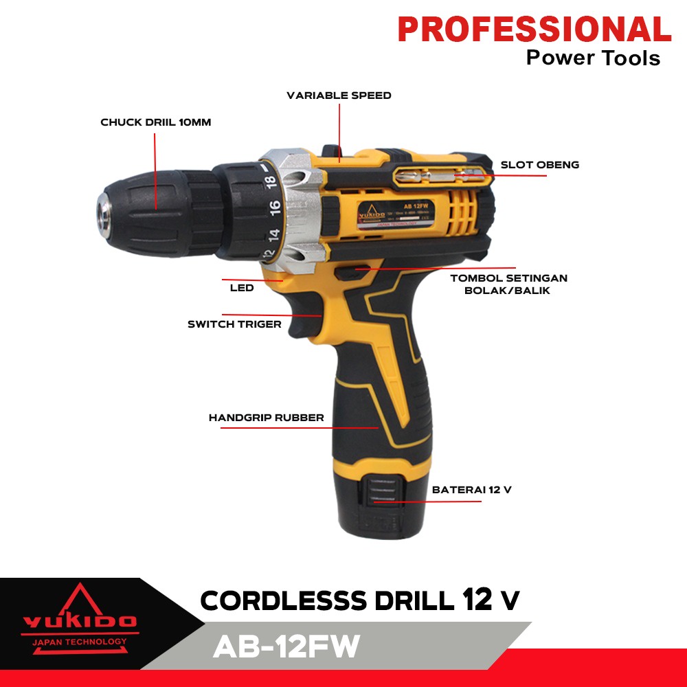 YUKIDO 12V-SET KOPER  Bor Obeng Bor Baterai 12 Volt Cordless Drill FULL MATA SHOCK OBENG DAN BOR DENGAN BOX