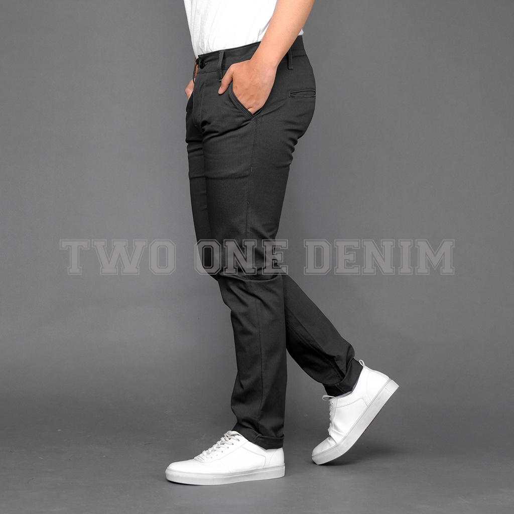 TWO ONE Celana Chino Pria Panjang Slim Fit - Chino Panjang Pria Dewasa Abu Tua