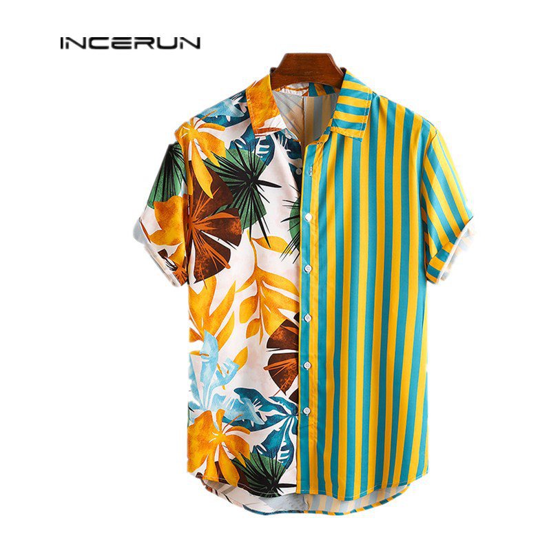 INCERUN Men Floral and Striped Button Front Shirt