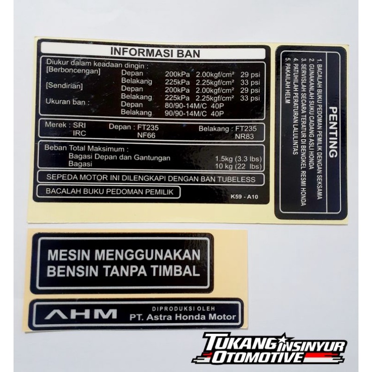 Label Sticker Informasi Tekanan Ban New Vario 125 - 150 Honda AHM
