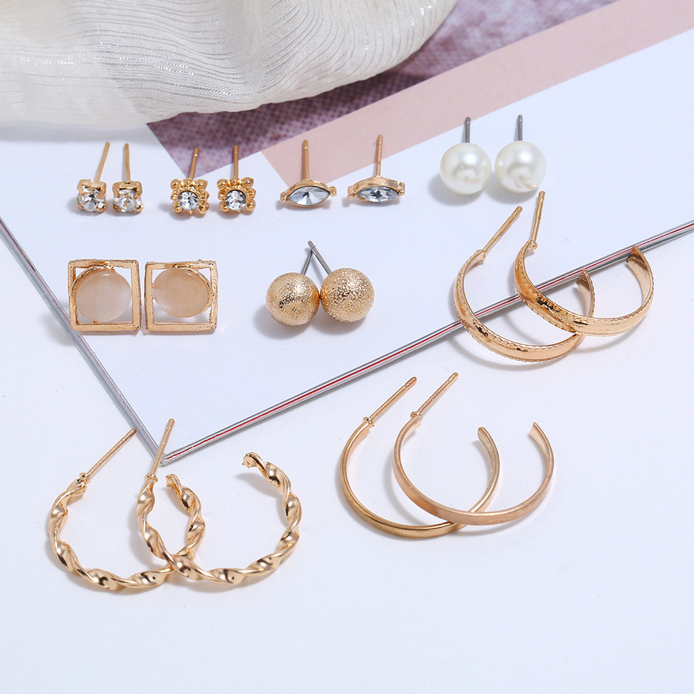 9 Pasang / Set Anting Mutiara Berlian Imitasi Bentuk Geometris Je