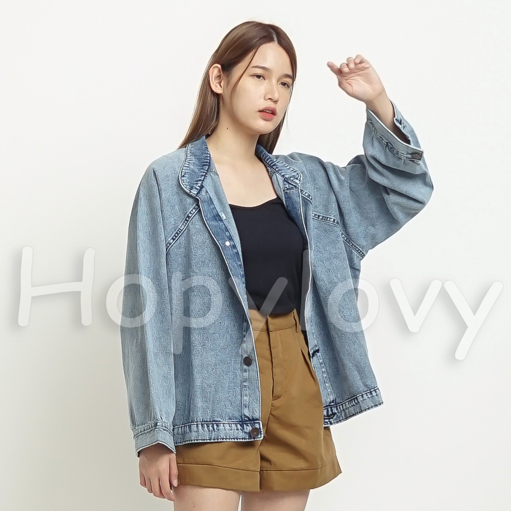 HOPYLOVY Jaket Jeans Oversize Wanita Snow Acid Gitna