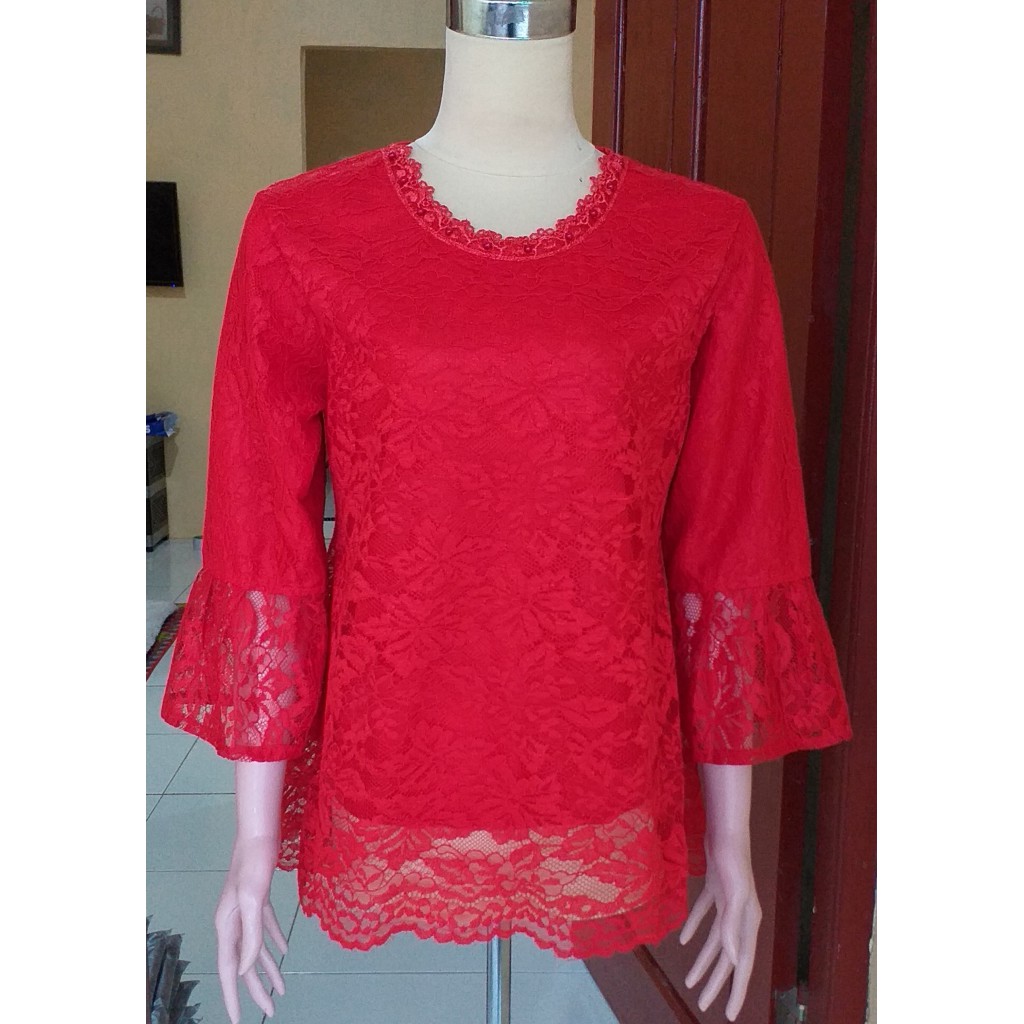 Atasan brukat by Aushia || Atasan Brokat modern || Blus Brokat simple-merah cabe