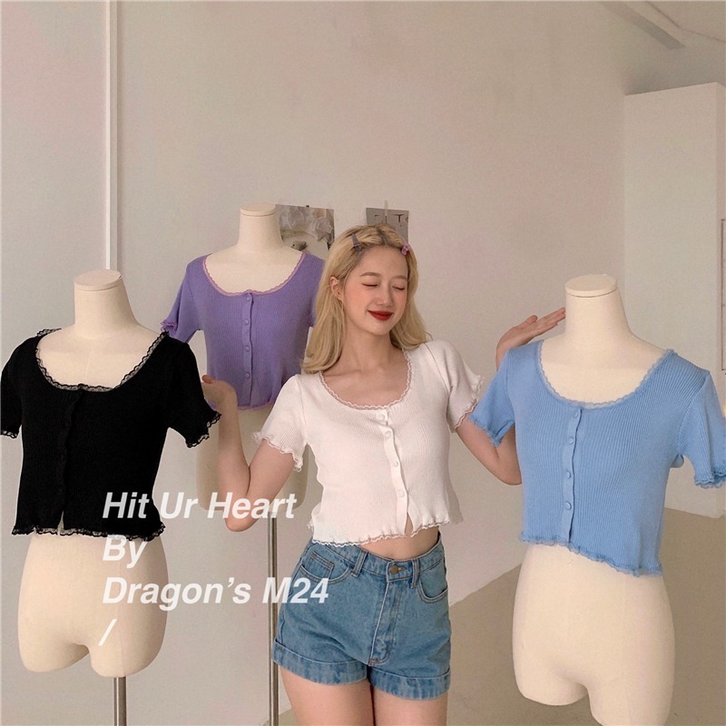 crop top rajutan renda lengan pendek musim panas