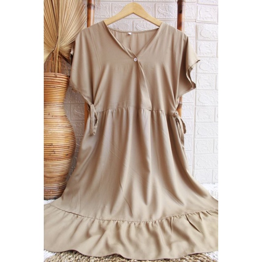 Daster Kimono Pendek || Daster Kimono Polos || Dres Kimono || Daster Rayon || Daster Rayon Busui || Daster Ruffle Busui-KHAKI