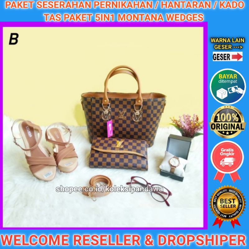 TAS PAKET SESERAHAN PERNIKAHAN JAM TANGAN DOMPET KACAMATA FASHION SENDAL WEDGES SANDAL WEDGES WANITA