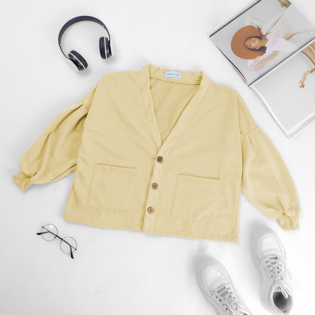 Sweater wanita model kardigan outer Lengan Puffy Pakaian wanita Casual korea-Cardigan Mid Peach