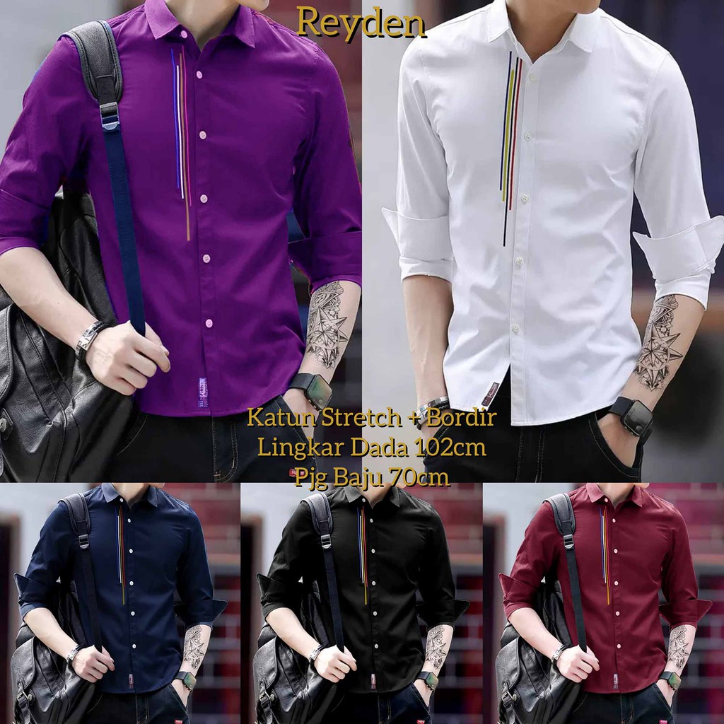 Melly81 COD Kemeja Pria REYDEN bordir pjg baju pakaian cowok lengan panjang terbaru polos ungu