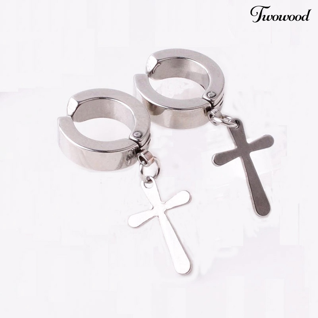 Twowood 1Pc Unisex Dangle Earring Cross Korean Style Stainless Steel Simple Bright Luster Hoop Earring for Daily Wear