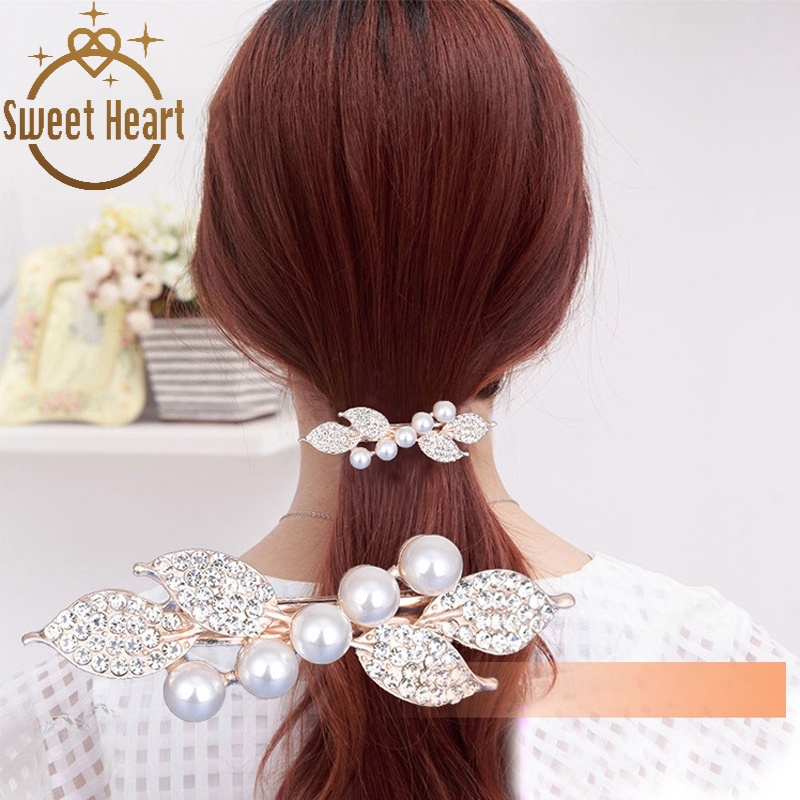 Korean Pearl Rhinestone Bow Hairpin Simple Ladies Headdress Spring Horizontal Clip Ponytail Hair Ornament Sweet Heart Jewelry