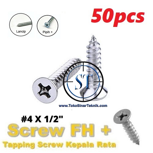 Sekrup Box plastik FH 4x1/2&quot; - Skrup FH Tapping Screw 4x1/2 Tutup Ulir Kepala Rata isi 50 pcs Untuk Box X2 X3 X4 X5 X6 X7