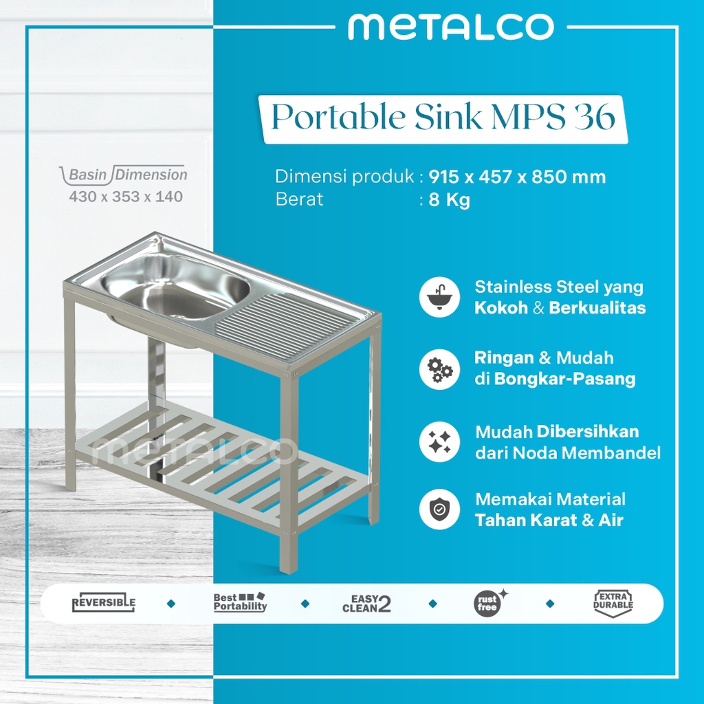 Wastafel Cuci Piring Stainless Metalco Bak Tangan 1 Lubang Portable Sink MPS 36 Kuat Serbaguna 100% 