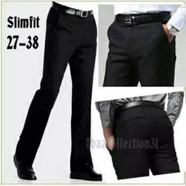 CELANA BAHAN | KERJA | FORMAL | KANTOR | PANJANG | HITAM | DASAR PRIA SLIMFIT _-