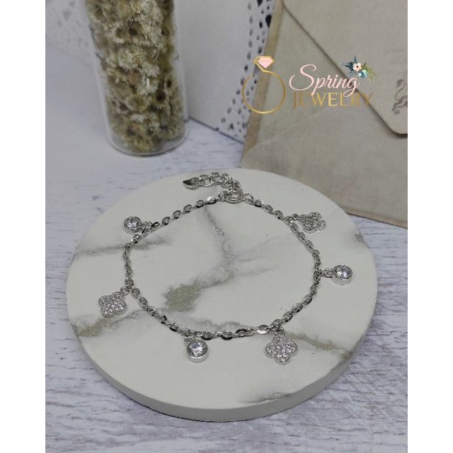 Gelang Perak Wanita Holo Bunga LV Silver 925 Asli Lapis Emas Putih