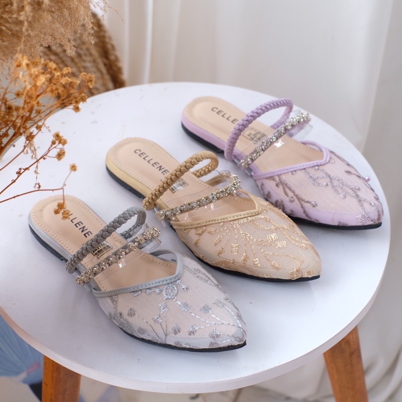 𝗖𝗘𝗟𝗟𝗘𝗡𝗘 Dal Mi flat shoes / flat diamond kepang selop brokat lace glamour