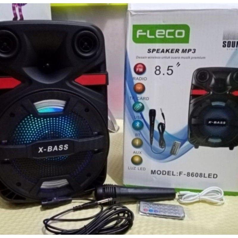 Speaker Bluetooth FLECO F-8803 / F-8606 / F-8607 / F-8604 / F-8609 LED 8.5 Inchi Bonus Mic Remote Speaker