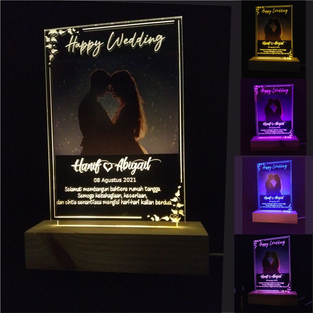 Lampu Tidur Foto Kado Pernikahan Hadiah Wedding 3D LED Akrilik CUSTOM FOTO &amp; DETAIL