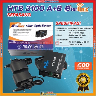 Sepasang HTB-3100 Fiber Optic Media Konverter Single Mode dengan 5V 2A EU Adaptor