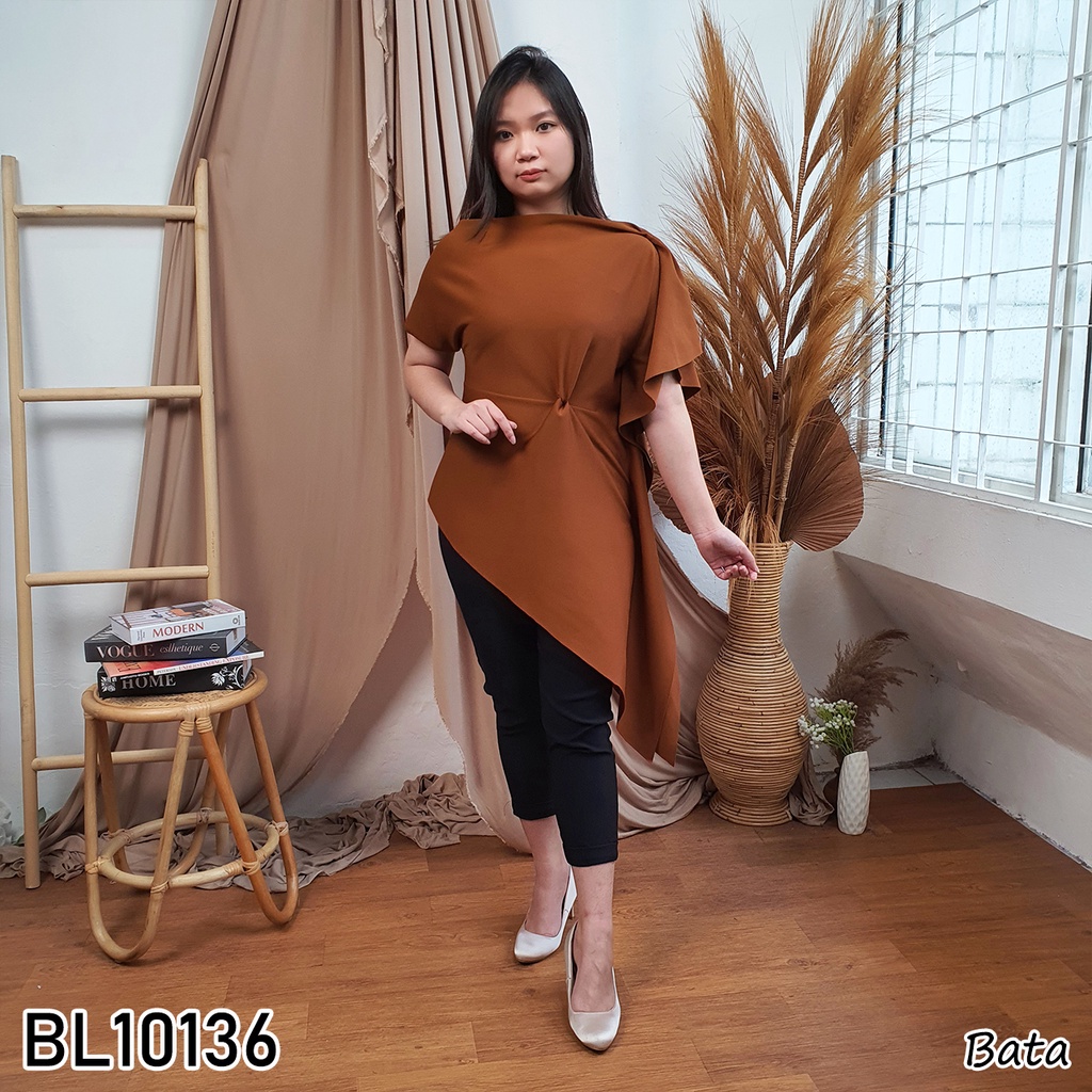 BL10136 blouse wanita scuba lengan pendek astymetric polos 10136-3