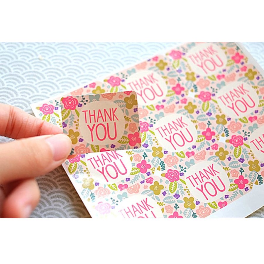 Paper Tags Sticker &quot;THANK YOU&quot; - Pink Flower Pattern (1sheet/9pcs)