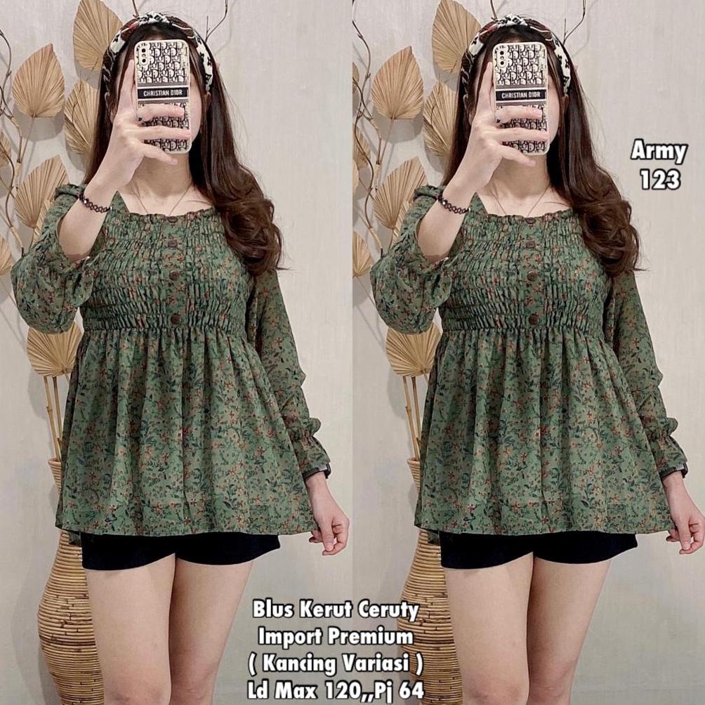 Blouse Wanita Bunga Kerut Ceruty Import Premium | Blus Wanita Import | Blus Wanita Kasualp
