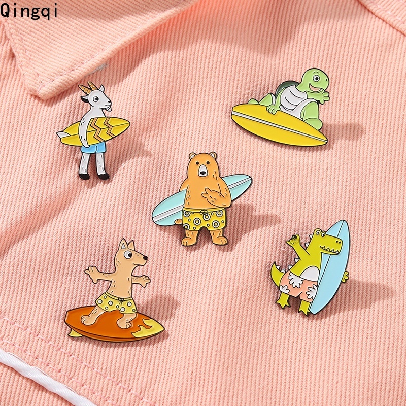 Ocean Bros Pin Enamel Desain Kartun Hewan Kambing / Beruang / Anjing / Buaya / Kura-Kura Aksesoris Kerah Kemeja / Tas