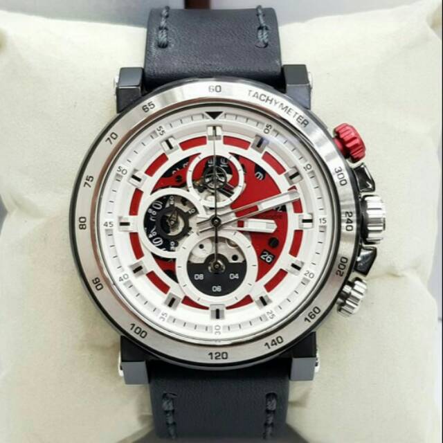 JAM TANGAN PRIA / COWOK SILVER BLACK RED TALI KULIT ORIGINAL GARANSI   - HITAM MERAH PUTIH AC 6429