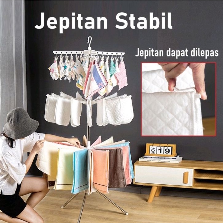 PROMO Jemuran Menara Lipat Jemuran Baju Model Menara Susun Tempat Jemuran Gantungan Bayi Jepitan Baju Pakaian Bayi Baby Anak Portable Menara Lipat Stainless JEMURAN MENARA BAJU BAYI 3 SUSUN TRIPOD DENGAN HANGER ROTASI