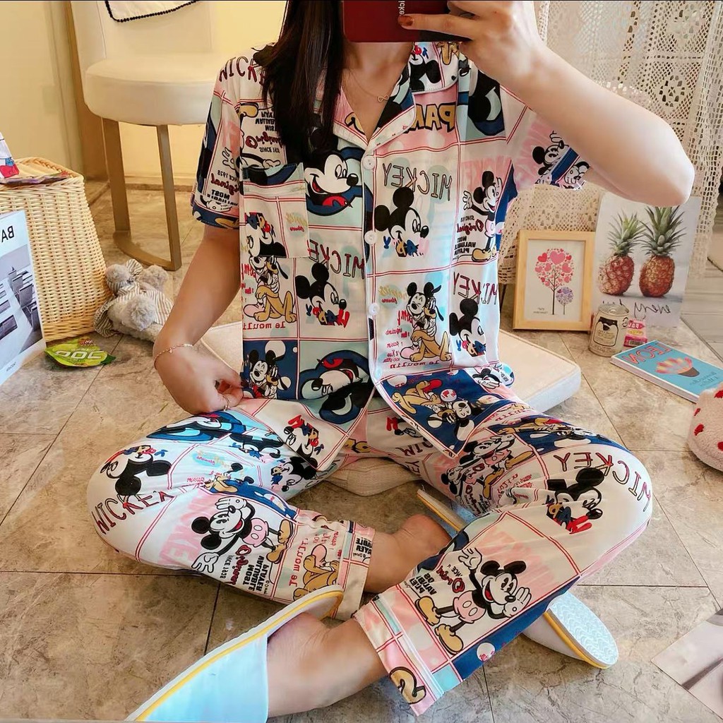 Baju Tidur Piyama Set/Piyama Wanita Import/Baju Piyama Lengan Pendek/Short Sleep Wear A1-A10-A10-Kotak Miky